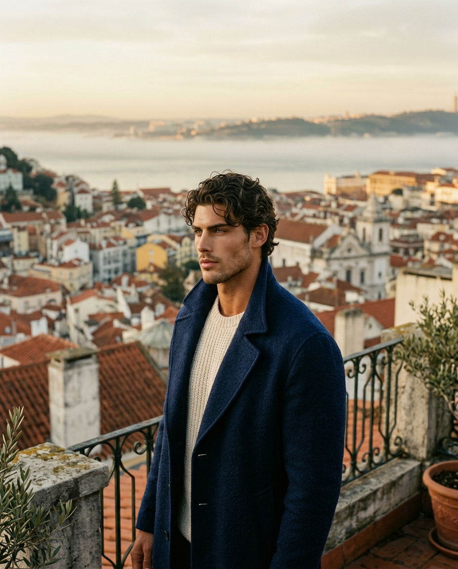 Mateo Castillio looking out over Lisbon rooftops at dawn