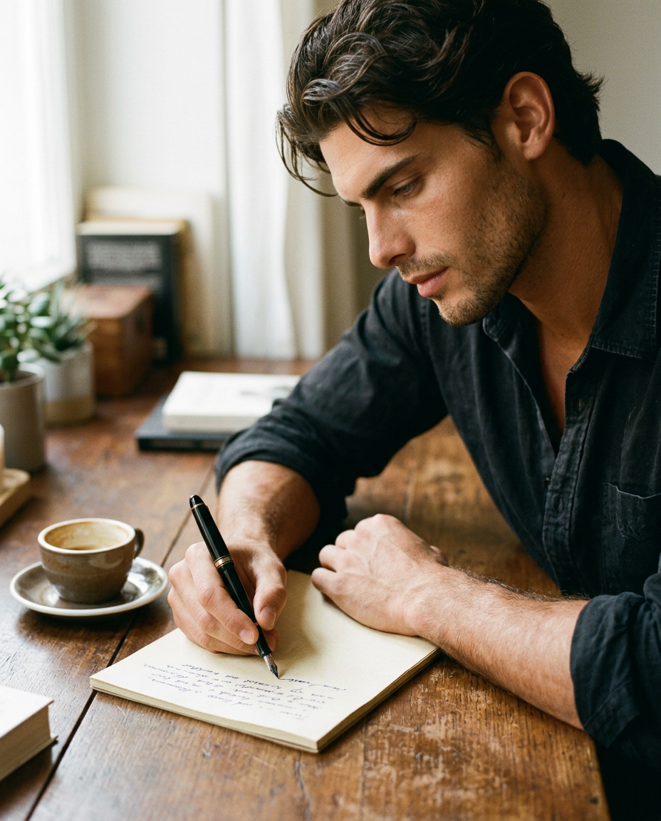 A fountain pen resting on a hand-written letter at a wooden desk